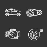 Autowerkstatt Kreide Icons Set. Auto, Kettenrad, Motor, Turbolader. isolierte tafel Vektorgrafiken