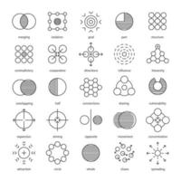 abstrakte Symbole lineare Symbole gesetzt. Verschmelzung, Verletzlichkeit, Zielen, Teilen, Verbindungen, Verbreitung, Hierarchie, Isolation, Zielkonzepte. dünne Linienkontursymbole. isolierte Vektor-Umriss-Abbildung vektor