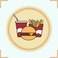 Fastfood-Farbsymbol. Cola-Pappbecher, Hamburger und Pommes frites. Junk-Food. isolierte Vektorillustration vektor