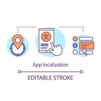 Symbol für das Konzept der Übersetzungsdienste. anwendungslokalisierungsidee dünne liniendarstellung. Übersetzungs-App für das Ausland, Business-Globalisierung. Vektor isolierte Umrisszeichnung. bearbeitbarer Strich