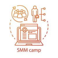 Symbol für das Konzept des Social-Media-Marketing-Camps. Investoren, Aktionäre, die Idee dünne Linie Illustration sammeln. Unternehmen, Geschäftsausweitung Gelegenheit. Vektor isolierte Umrisszeichnung. bearbeitbarer Strich