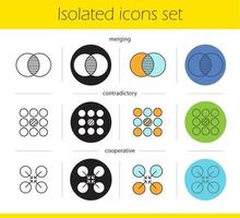 abstrakta symboler ikoner set. linjära, svarta och färgstilar. sammansmältande, motsägelsefulla, kooperativa begrepp. isolerade vektorillustrationer vektor