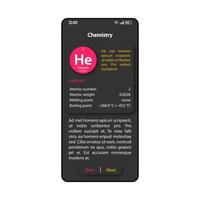 Chemielehrbuch Smartphone-Schnittstelle Vektor-Vorlage. schwarzes Design-Layout der mobilen App-Seite. Beschreibungsbildschirm der chemischen Elementeigenschaften. flache ui für die anwendung. Telefondisplay für Schulfach vektor