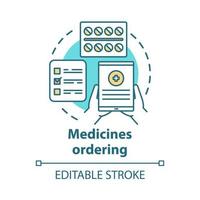 Symbol für das Konzept der Bestellung von Medikamenten. Lieferung von medizinischer Versorgung Idee dünne Linie Illustration. Einzelhandel mit Medikamenten. Tablette, Pillen und Checkliste Vektor isolierte Umrisszeichnung. bearbeitbarer Strich