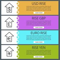 valutor kurshöjning webbbanner mallar set. amerikanska dollar, euro, gbp, yen med uppåtpilar. webbplats färg menyobjekt med linjära ikoner. vektor headers designkoncept