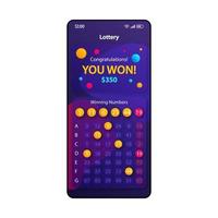 lotteri seger smartphone gränssnitt vektor mall. mobilappsida violett designlayout. kombinationsskärm för vinnande nummer. platt UI för applikation. grattis meddelande telefon display