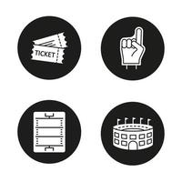 amerikansk fotboll glyph ikoner set. fans skum finger, spelbiljetter, baseball arena, fältschema. vektor vita silhuetter illustrationer i svarta cirklar