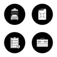 Autowerkstatt Glyphensymbole gesetzt. Autowäsche, Stahlkanister, Rechnung, Bauwerkzeugkasten. Vektorgrafiken von weißen Silhouetten in schwarzen Kreisen vektor