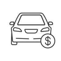Auto mit linearem Symbol des Dollarzeichens. Autokauf oder -verkauf. dünne Linie Abbildung. Preise für Werkstattservice. Kontursymbol. Vektor isolierte Umrisszeichnung