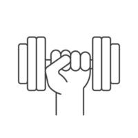 Hand, die lineares Symbol der Gymnastik-Langhantel hält. dünne Linie Abbildung. Fitness- und Trainingskontursymbol. Vektor isolierte Umrisszeichnung