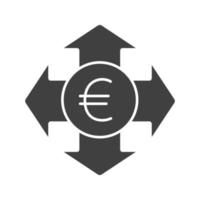 Symbol für Geldausgaben. Silhouette-Symbol. Euro mit allen Richtungspfeilen. Weiten. negativen Raum. isolierte Vektorgrafik vektor