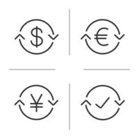 Geldwechsel lineare Symbole gesetzt. US-Dollar, Euro, japanischer Yen, abgeschlossener Austausch. Erstattung. dünne Linienkontursymbole. isolierte vektorumrissillustrationen vektor