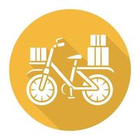 cykel leverans gul platt design lång skugga glyfikon. cykel med paketpaket. cykelbud, cykelbud. express cykelfrakt. posttjänst. vektor siluett illustration