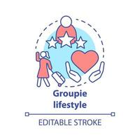 Groupie-Lifestyle-Konzept-Symbol. Suche nach persönlichem Gewinn nach der dünnen Linie der Promi-Idee. obsessive Anbetung, Verbundenheit mit Musikern. Vektor isolierte Umrisszeichnung. bearbeitbarer Strich