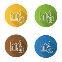 Forex-Markt-Wachstumsdiagramme flache lineare lange Schattensymbole eingestellt. Statistikdiagramme mit Dollar-, Euro-, Yen- und Pfundzeichen. vektorlinie illustration vektor