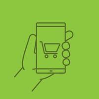 Hand, die das lineare Farbsymbol des Smartphones hält. Smartphone-Shopping-App. dünne Linie Umrisssymbole auf farbigem Hintergrund. Vektor-Illustration vektor