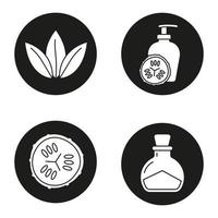 Spa-Salon-Glyphen-Icons gesetzt. Gurkenscheibe und Lotionsbehälter, Salzflasche, lose Blätter. Vektorgrafiken von weißen Silhouetten in schwarzen Kreisen vektor