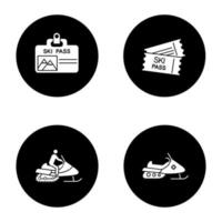 Winteraktivitäten Glyphe Icons Set. Skipassabzeichen und Tickets, Schneemobile. Vektorgrafiken von weißen Silhouetten in schwarzen Kreisen vektor