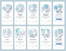 keto diet blå onboarding mobilapp sid skärmmall. hälsosam näring. ketogent ätande, måltid. lågkolhydratmat. genomgång av webbplatssteg med linjära ikoner. ux, ui, gui smartphone-gränssnitt vektor