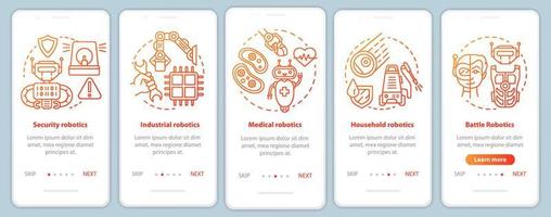 Typen Robotik Onboarding Mobile App-Seitenbildschirmvektorvorlage. Wach-, Industrie-, Medizinroboter. Walkthrough-Website-Schritte mit linearen Illustrationen. ux, ui, gui Smartphone-Schnittstellenkonzept vektor