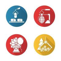 Industrietypen flaches Design lange Schatten Glyphe Icons Set. Pharma-, Waffen-, Unterhaltungs-, Holzgeschäftsbereiche. Waren- und Dienstleistungsproduktion. Vektor-Silhouette-Abbildung vektor