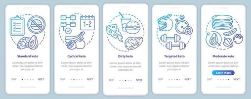 Arten von Keto-Diäten blaue Onboarding-Bildschirmvorlage für mobile App-Seiten. ketogene Mahlzeit, gesunde Ernährung. kohlenhydratarmes essen. Walkthrough-Website-Schritte mit Symbolen. ux, ui, gui Smartphone-Schnittstellenkonzept vektor