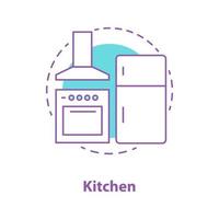 Küchengeräte-Konzept-Symbol. Innenarchitektur-Idee dünne Linie Illustration. Dunstabzugshaube, Herd, Kühlschrank. Vektor isolierte Umrisszeichnung