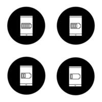 smartphone batteriladdning glyph ikoner set. vektor vita silhuetter illustrationer i svarta cirklar