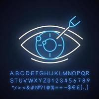 Symbol für das Neonlicht zur Korrektur der Sehkraft. Medizinische Prozedur. Gesundheitsvorsorge. Augenheilkunde. Laserbetrieb. Wiederherstellung von Augenerkrankungen. leuchtendes Schild mit Alphabet, Zahlen und Symbolen. isolierte Vektorgrafik vektor