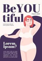 Körper positive Magazin-Cover-Vorlage. Journal-Mockup-Design. Vektorseitenlayout, flacher Charakter. Plus-Size-Modell. Kaukasische lächelnde Frau in Dessous Werbung Cartoon Illustration, Textraum vektor