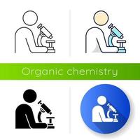 man med mikroskopikonen. vetenskapsman på jobbet. organisk kemi. laboratorieforskning. genomföra experiment. platt design, linjär, svart och färgstilar. isolerade vektorillustrationer vektor