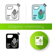 plastflaska majsolja ikon. organisk kemi. producera vegetabilisk olja. majs etanol för biobränsle. bensinersättning. platt design, linjär, svart och färgstilar. isolerade vektorillustrationer vektor