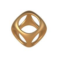 Gold 3d Würfel mit runden Ausschnitte Vorlage. geometrisch Box Dekoration gemacht kostbar Metall zum kreativ Boho Dekor. vektor