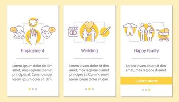 familjens livscykel onboarding mobil app sidskärm med linjära koncept. förlovning, bröllop, lycklig familj steg grafiska instruktioner. ux, ui, gui vektormall med illustrationer vektor