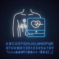 Symbol für Elektrokardiogramm-Neonlicht. Untersuchung auf Herzkrankheiten. Puls auf dem Bildschirm. Kardiologie, Kardiograph. Medizinische Prozedur. leuchtendes Schild mit Alphabet, Zahlen und Symbolen. isolierte Vektorgrafik vektor