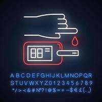 Symbol für Neonlicht für Bluttests. Krankheitsanalyse. Infektionsuntersuchung. Medizinische Prozedur. Glukometer. Glukose-Test. leuchtendes Schild mit Alphabet, Zahlen und Symbolen. isolierte Vektorgrafik vektor