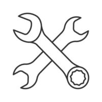 Lineares Symbol für gekreuzte Schraubenschlüssel. dünne Linie Abbildung. Doppelmaul- und Ringmaulschlüssel. Kontursymbol. Vektor isolierte Umrisszeichnung