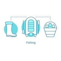 Symbol für das Fischereikonzept. Angelausrüstung Idee dünne Linie Abbildung. Gummistiefel, Boot, Eimer mit Fisch. Vektor isolierte Umrisszeichnung