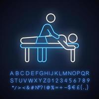 Massage-Neonlicht-Symbol. Spa-Center. Medizinische Prozedur. Linderung von Rückenschmerzen. Gesundheitspflege. physikalische Behandlung. Heilung von Verletzungen. leuchtendes Schild mit Alphabet, Zahlen und Symbolen. isolierte Vektorgrafik vektor