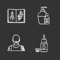 Tattoo Studio Kreide Icons Set. Piercing-Service. Tattoo-Skizzenbuch, antibakterielle Flüssigkeit, Tätowierer, Tintenflasche und Kappe. isolierte tafel Vektorgrafiken vektor