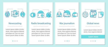 News Onboarding mobiler App-Seitenbildschirm mit linearen Konzepten. Nachrichtensendungen, Radiosendungen, Kriegsjournalismus, grafische Anweisungen für globale Nachrichtenschritte. ux, ui, gui-Vektorvorlage mit Illustrationen vektor