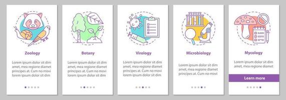 Biologie Zweige Onboarding mobiler App-Seitenbildschirm mit linearen Konzepten. Zoologie, Botanik, Virologie, Mikrobiologie, Mykologie Schritte grafische Anleitung. ux, ui, gui-Vektorvorlage mit Illustrationen vektor