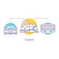 Symbol für Tourismuskonzept. Reisen mit dem Auto Idee dünne Linie Illustration. Besichtigung. Ferien. Vektor isolierte Umrisszeichnung