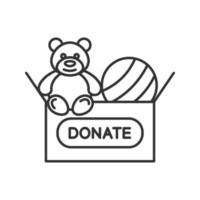 leksaker som donerar linjär ikon. tunn linje illustration. välgörenhet för barn. donationslåda med nallebjörn och boll. kontur symbol. vektor isolerade konturritning