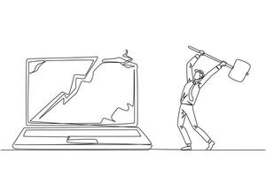 Single einer Linie Zeichnung Geschäftsmann vorbereiten zu schlagen Laptop. Amoklauf. zerstören Technologie Das kann nicht Sein benutzt optimal. Aktualisierung Hardware- und Brainware. kontinuierlich Linie Design Grafik Illustration vektor