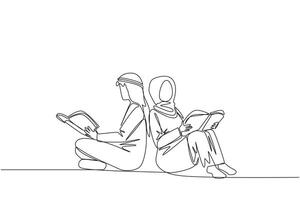Single kontinuierlich Linie Zeichnung arabisch Mann Frau Sitzung während lesen das Buch. lesen das Bücher zu lernen. das schnell Lerner. Buch Festival Konzept. glücklich Lektüre. einer Linie Design Illustration vektor