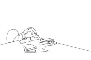 kontinuierlich einer Linie Zeichnung Frau schlafend beim das Tabelle wo Dort wurden Haufen von Bücher. müde nach erfolgreich Fertig das Liebling lesen Buch. Liebe lesen. Single Linie zeichnen Design Illustration vektor