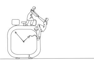 Single kontinuierlich Linie Zeichnung arabisch Geschäftsfrau hilft Kollege steigen Alarm Uhr. Portion Mitarbeiter. Frist ist Kommen. Arbeit zusammen zum besser Ende Ergebnis. einer Linie Design Illustration vektor