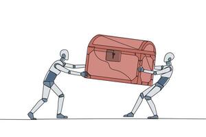 enda kontinuerlig linje teckning två egoistisk robot stridande över de skatt bröst. känna mest berättigad till de upptäckt av skatt. rivalitet och konkurrens. tech. ett linje design illustration vektor