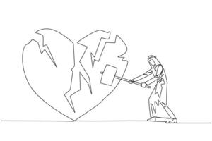 kontinuerlig ett linje teckning arab affärsman framställning till träffa de stor hjärta. bruten hjärta. förlust av koncentration. emotionell känsla. Nej riktning. arg. enda linje dra design illustration vektor